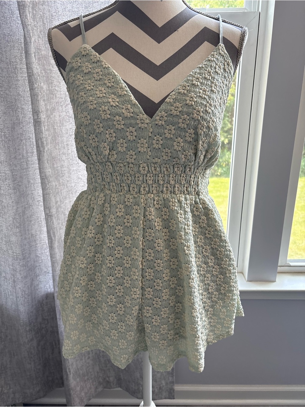 Light Blue Cream Floral Crochet Romper with Smocked Waist